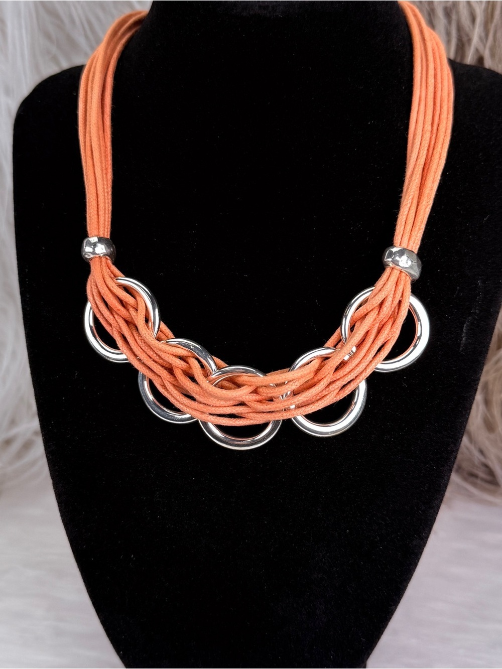 Orange Multi Strand Cord Statement Necklace Silvertone Rings